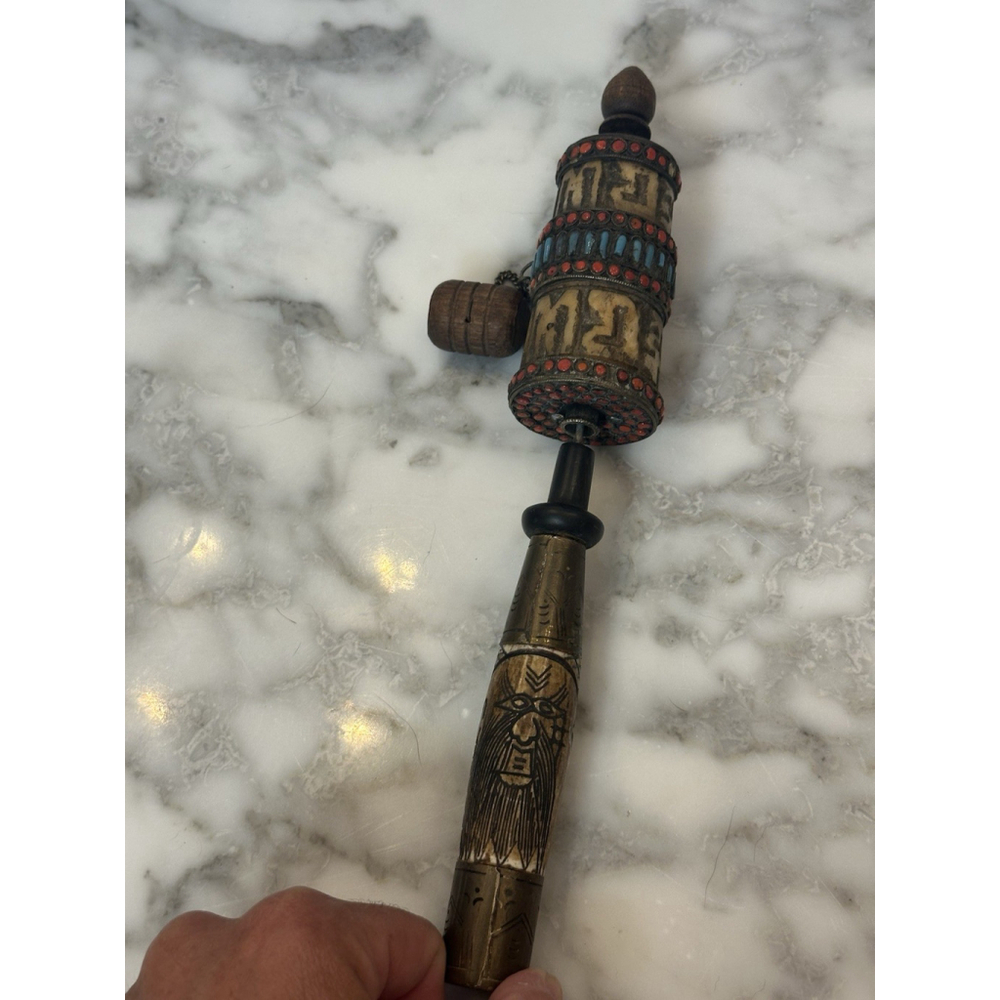 Vintage Tibetan Buddhist Prayer Wheel 10” Carved & Brass Turquoise & Coral